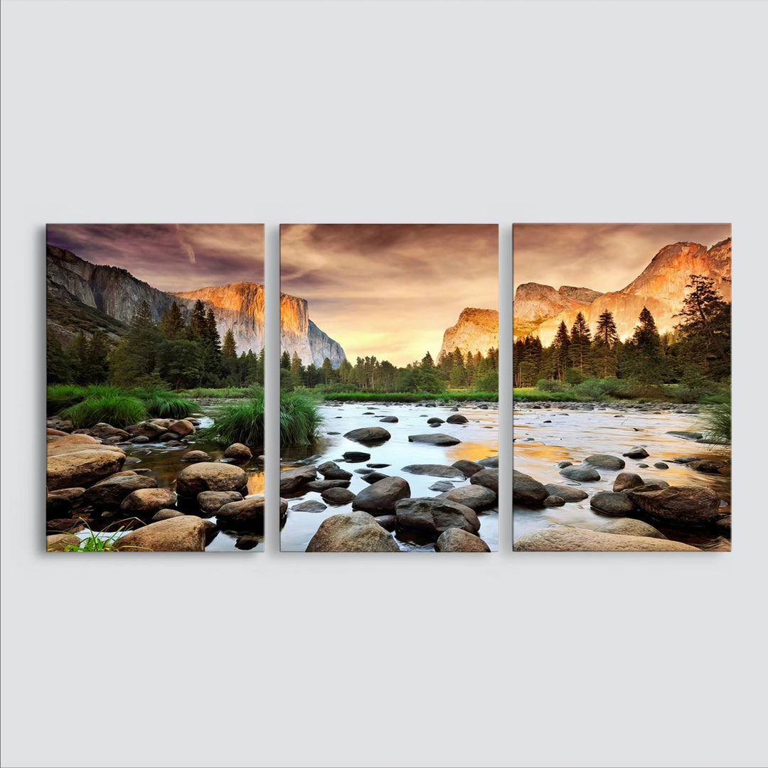 A tranquil riverside sunset mirrors the beauty of a Yosemite wall art masterpiece like the Large El Capitan Print.