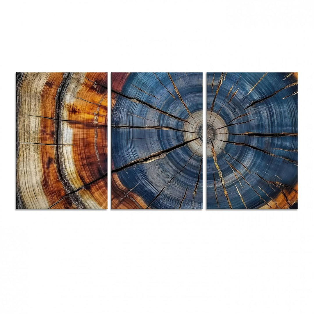 Close-up of blue, brown, and orange wood grain rings on the Abstract Tree Rings Canvas Wall Art Print.