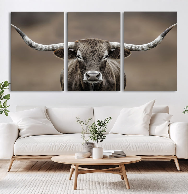 The Framed Texas Longhorn Bull Art Canvas Print adds timeless elegance to the serene setting.