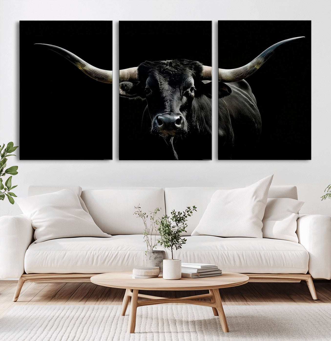 MGV-CV-60X30-3P - Texas Black Bull Wall Art Print, Longhorn Bull Canvas Wall Art