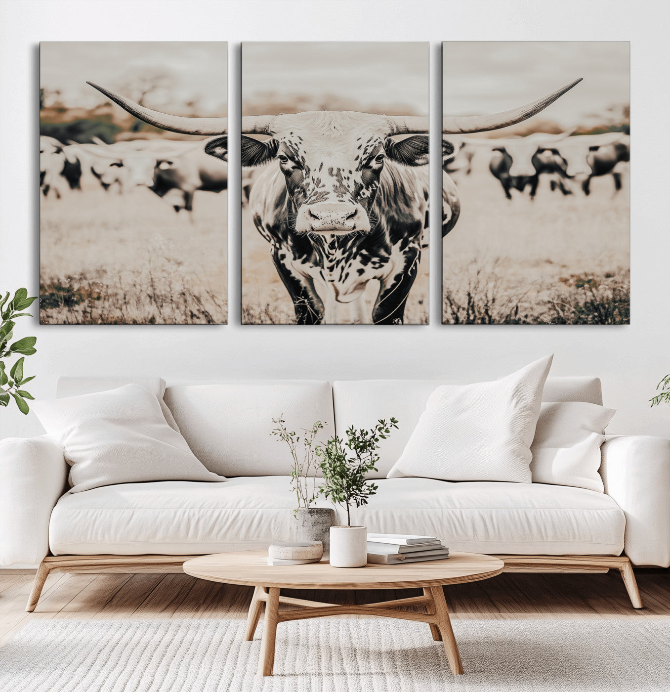 MGV-CV-60X30-3P - Texas Longhorn Wall Art Canvas Print, Framed Speckled Cow Art Picture Print, Horned Cattle Perfect Rustic Western Decor Artwork