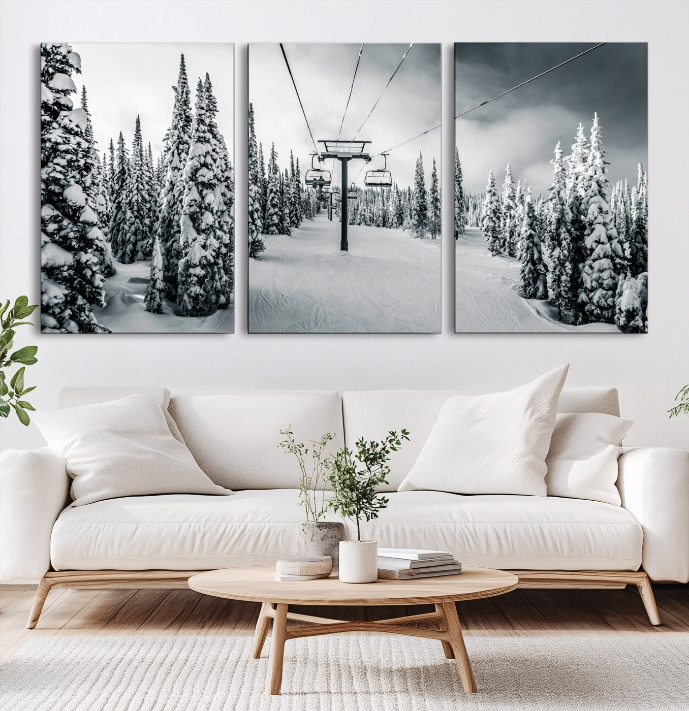 31156828-MGV-CV-60X30-3P-Snowy Pines Wall Art Canvas Print, Framed Ski Lift Art Picture Print, Winter Forest Perfect Moody Lodge Decor, Ski Lift Wall Art Canvas