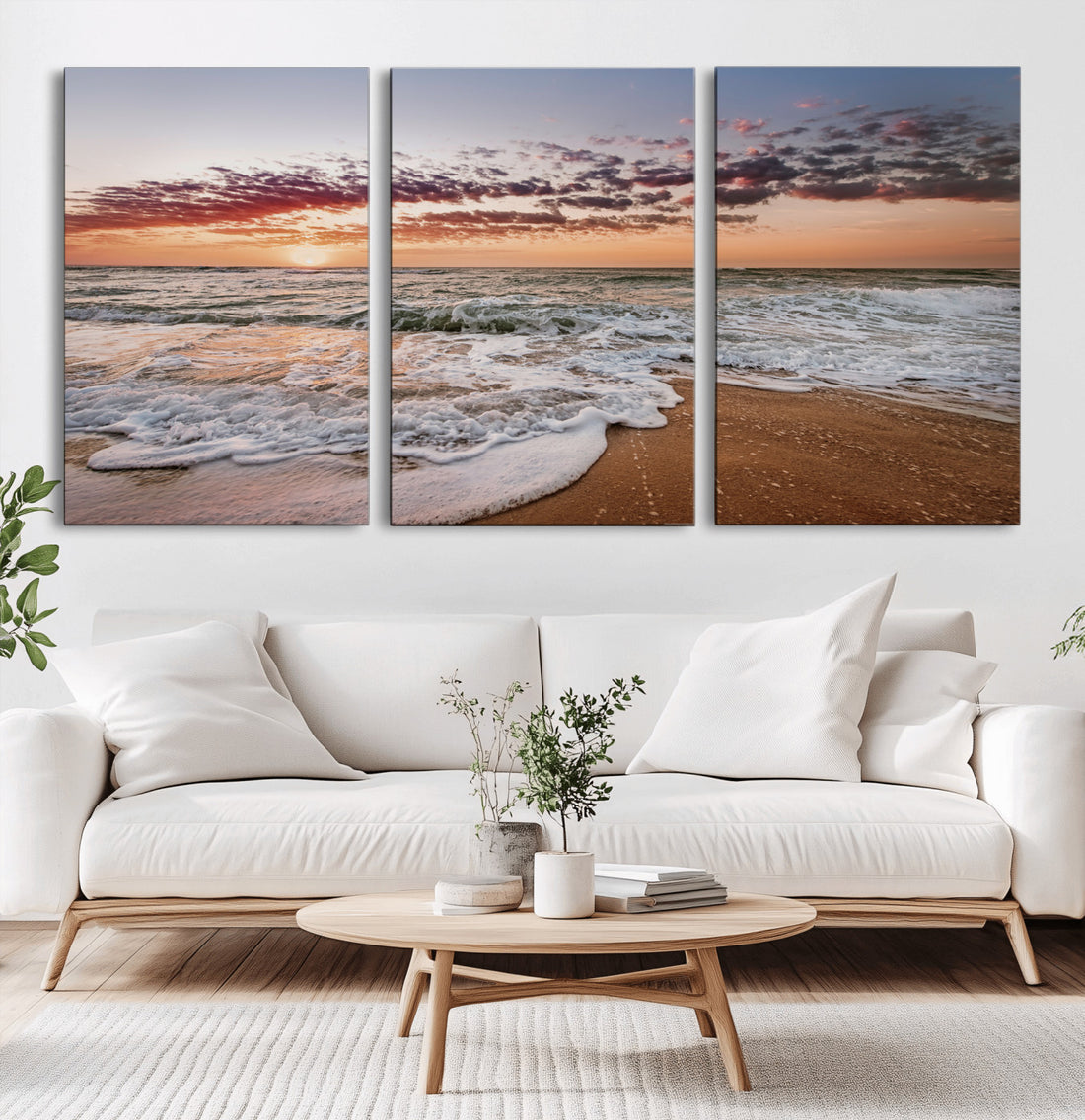 Ocean Sunset Wall Art Canvas Print | Sandy Shore and Gentle Waves