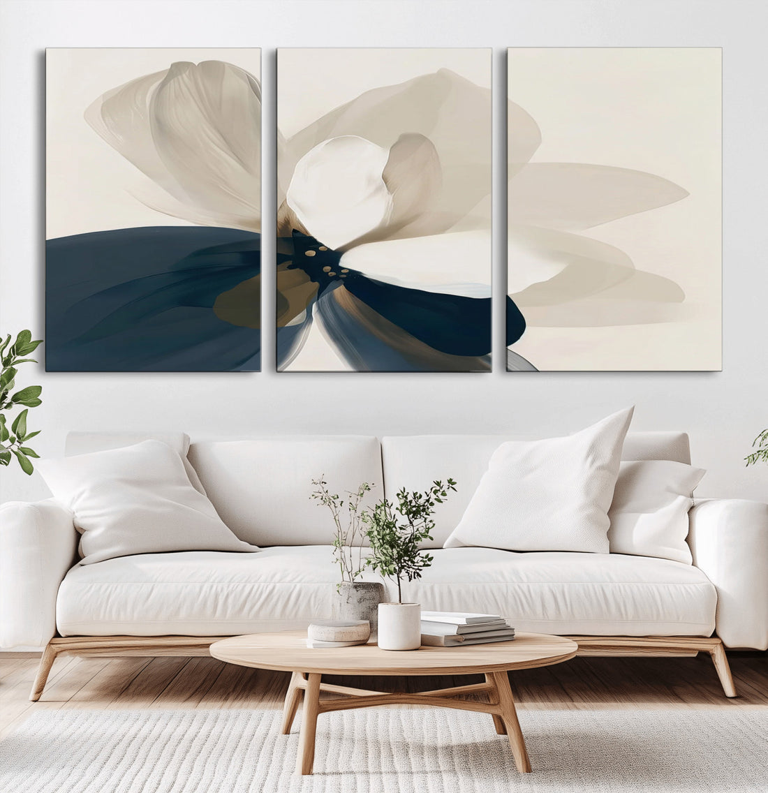 Minimal Flower Wall Art Canvas Print | Framed Beige and Navy Bloom