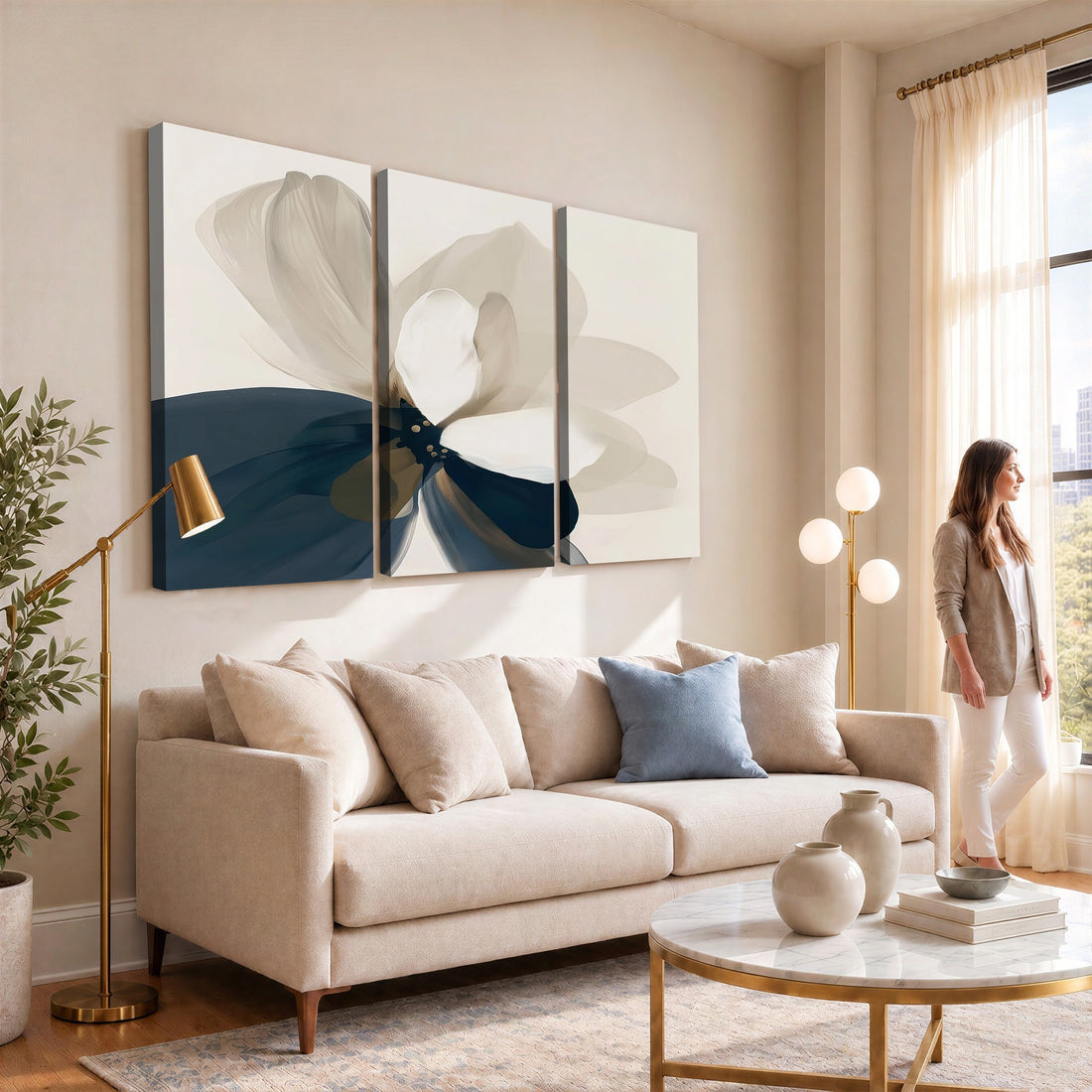 Minimal Flower Wall Art Canvas Print | Framed Beige and Navy Bloom