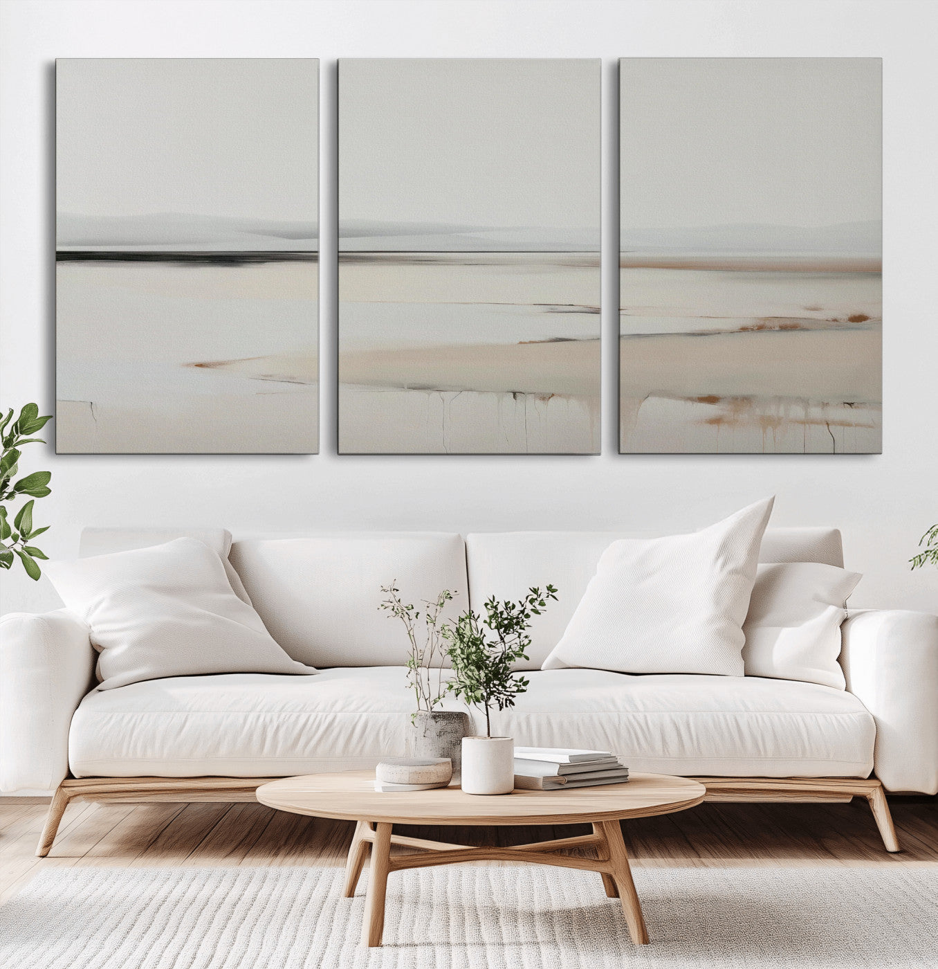 89410095-MGV-CV-36X24-Minimalist Landscape Wall Art Canvas Print – Framed Soft Horizon Abstract Seascape Earthy Tones Artwork for Home Office
