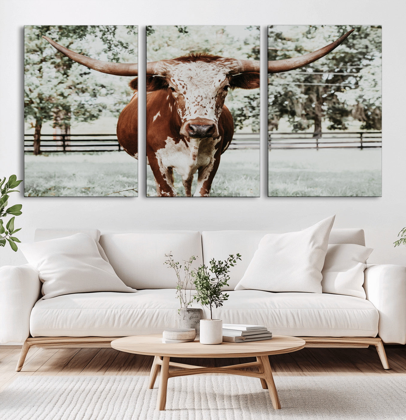 MGV-CV-60X30-3P - Texas Longhorn Wall Art Canvas Print, Framed Spotted Cow Art Picture Print, Horned Cattle Perfect Rustic Western Decor Artwork
