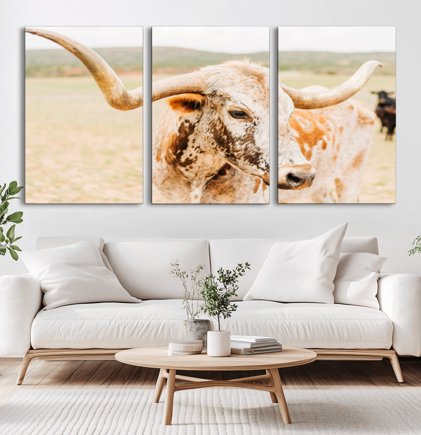 MGV-CV-60X30-3P - Texas Longhorn Wall Art Canvas Print, Framed Spotted Cow Art Picture Print, Horned Cattle Perfect Rustic Western Decor Artwork