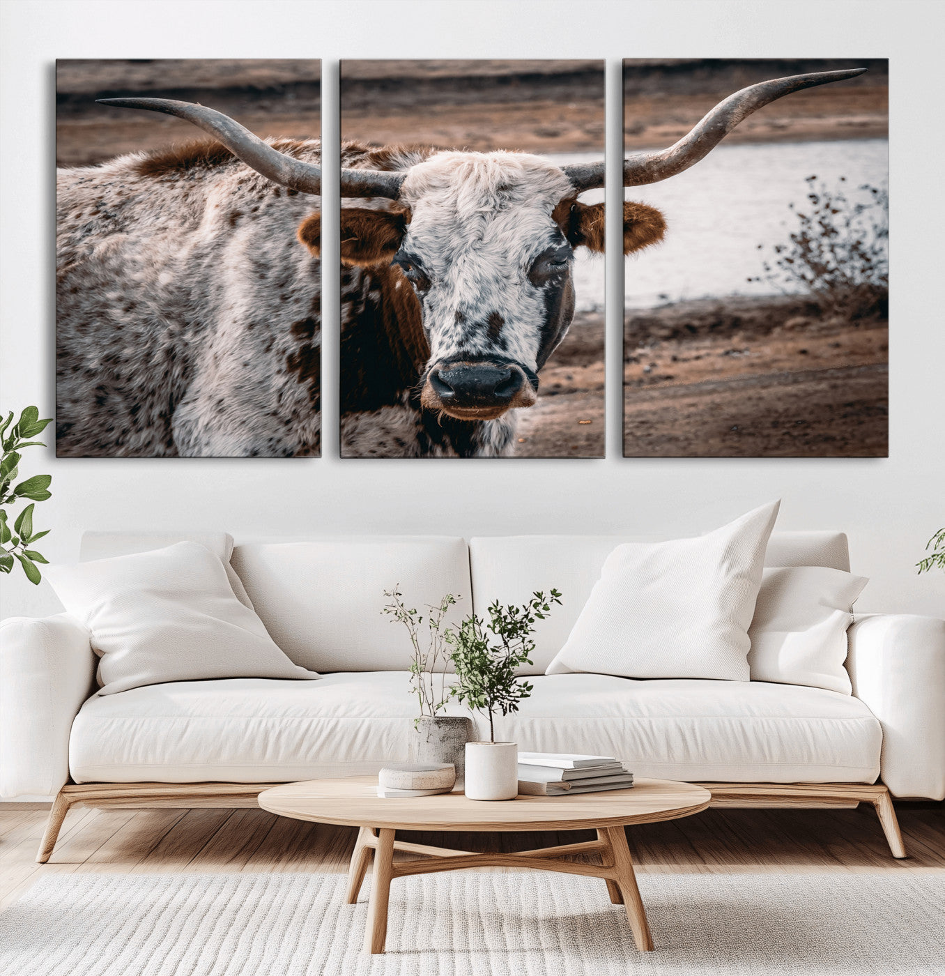 MGV-CV-60X30-3P - Texas Longhorn Wall Art Canvas Print, Framed Spotted Cow Art Picture Print, Horned Cattle Perfect Rustic Western Decor Artwork