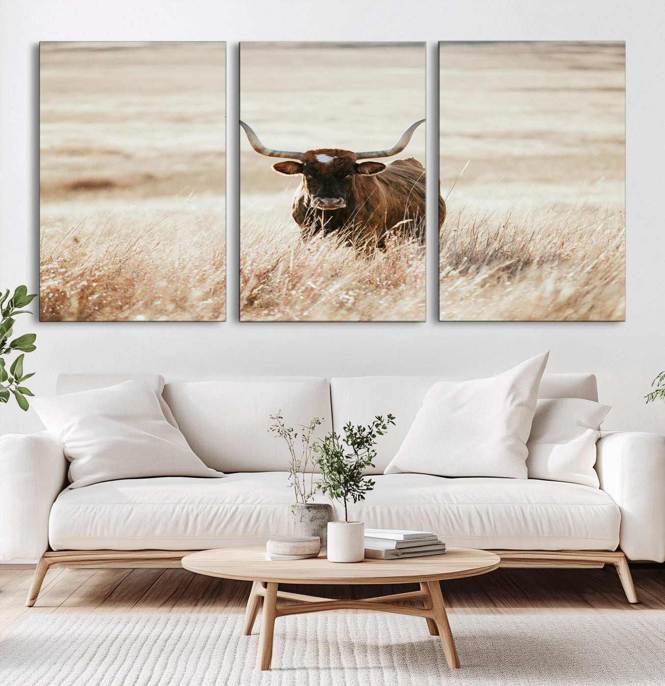 MGV-CV-60X30-3P - Texas Longhorn Wall Art Canvas Print, Framed Brown Cattle Art Picture Print, Horned Bull Perfect Rustic Western Decor Artwork