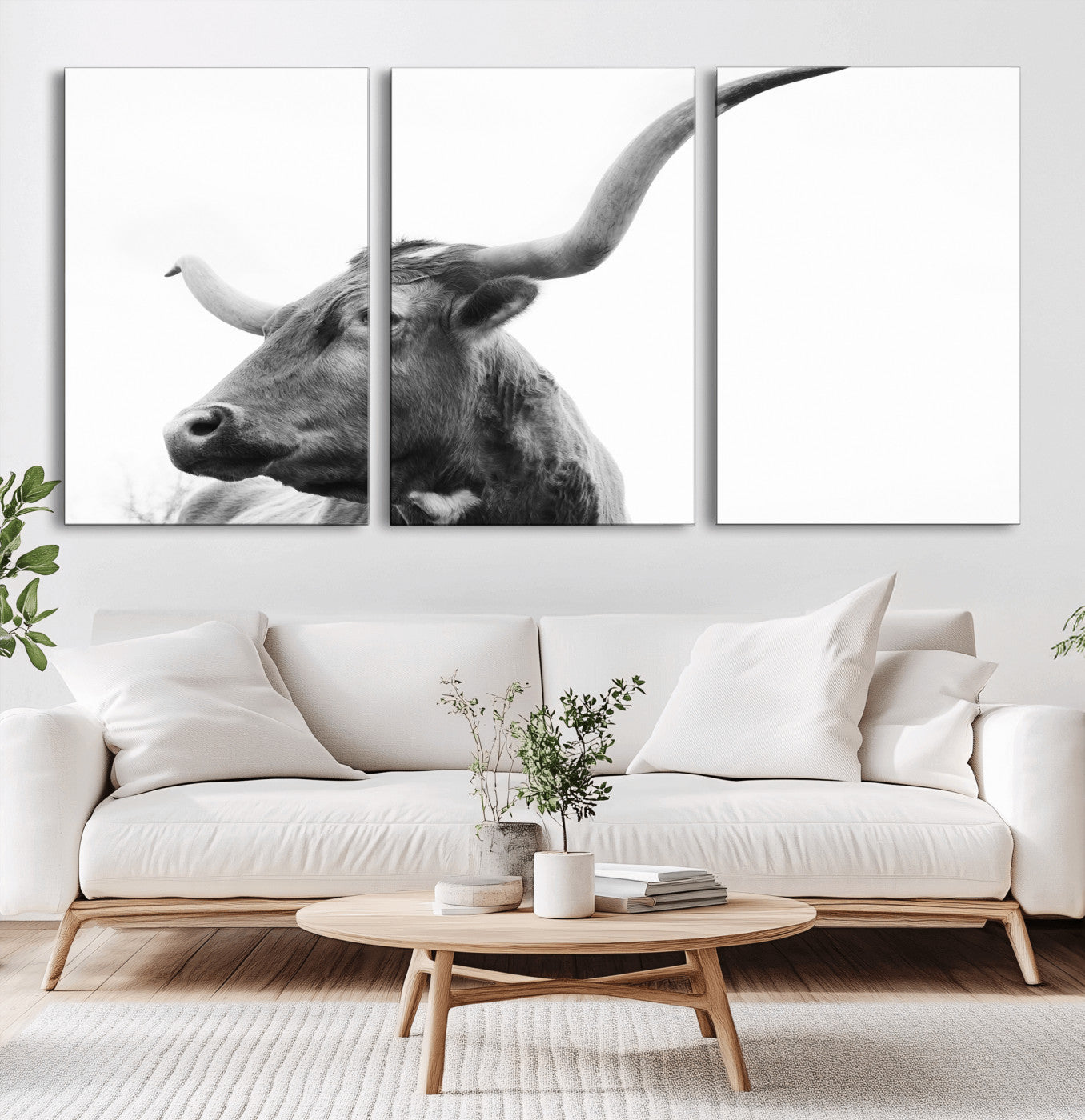MGV-CV-60X30-3P - Longhorn Wall Art Wall Art Canvas Print, Framed Modern Ranch Style Art Art Picture Print, Monochrome Cow Print Perfect Rustic Western Decor Artwork