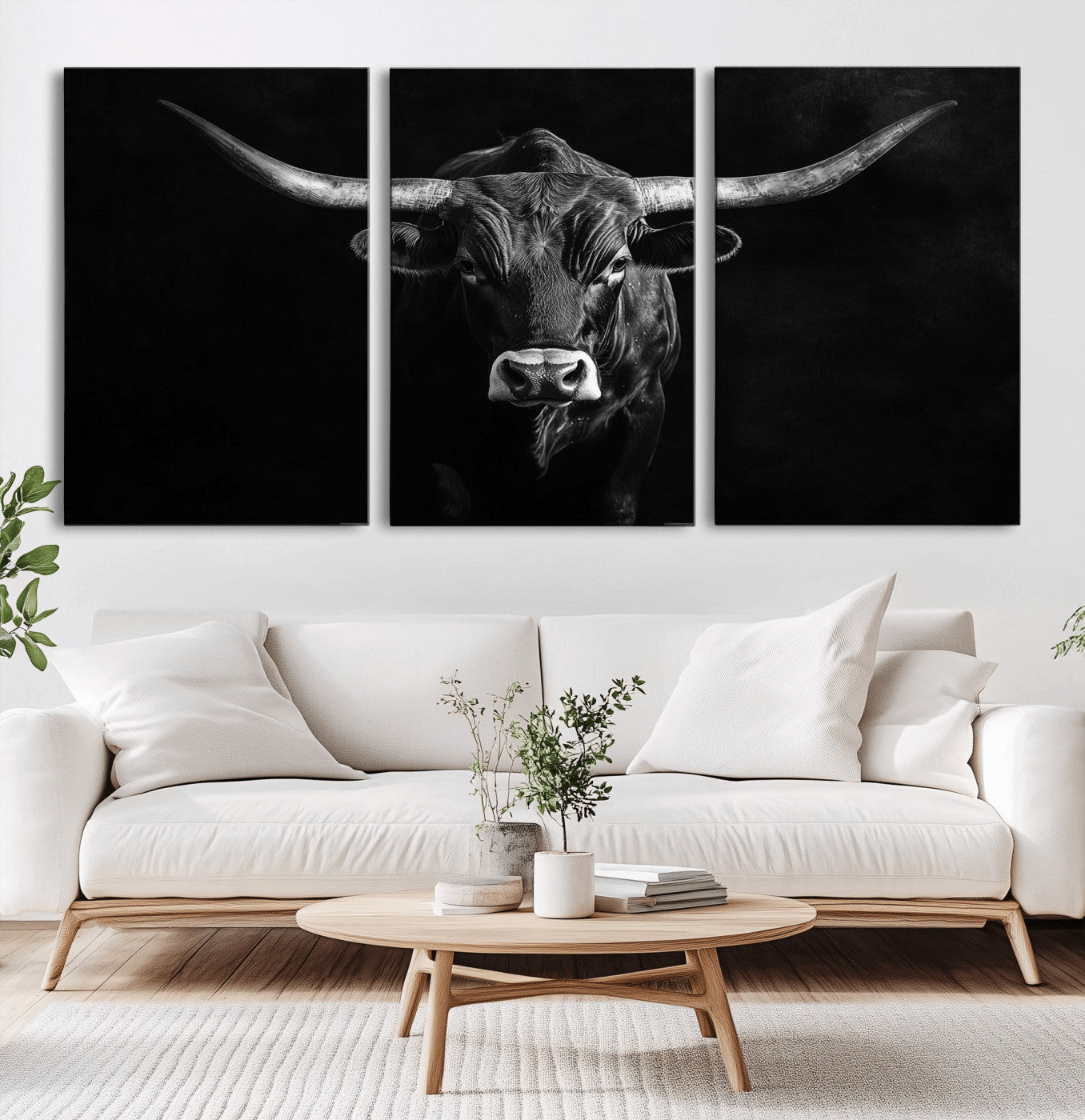 MGV-CV-60X30-3P - Texas Longhorn Wall Art Canvas Print, Framed Monochrome Bull Art Picture Print, Horned Bull Perfect Rustic Western Decor Artwork