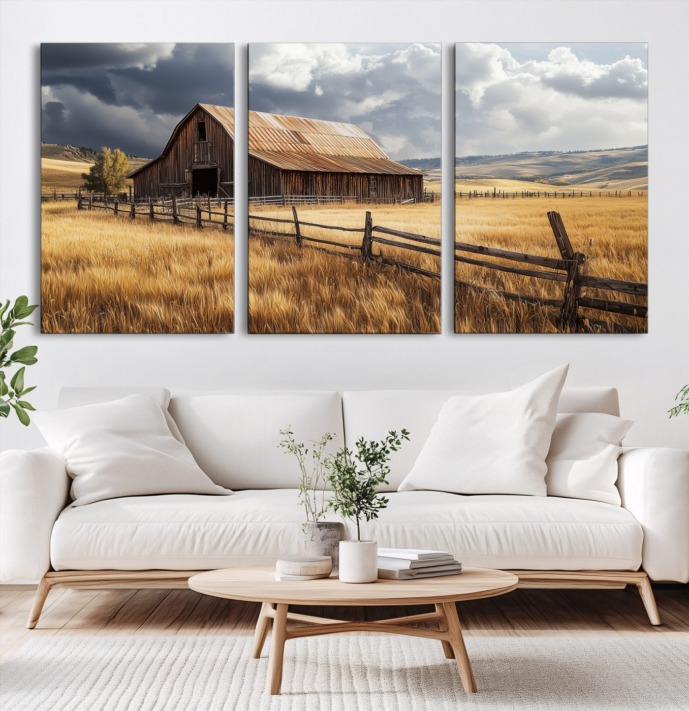 38758826-MGV-CV-60X30-3P-Rustic Barn Wall Art Canvas Print – Framed Moody Barn Golden Field Countryside Farmhouse Landscape Artwork for Home Office