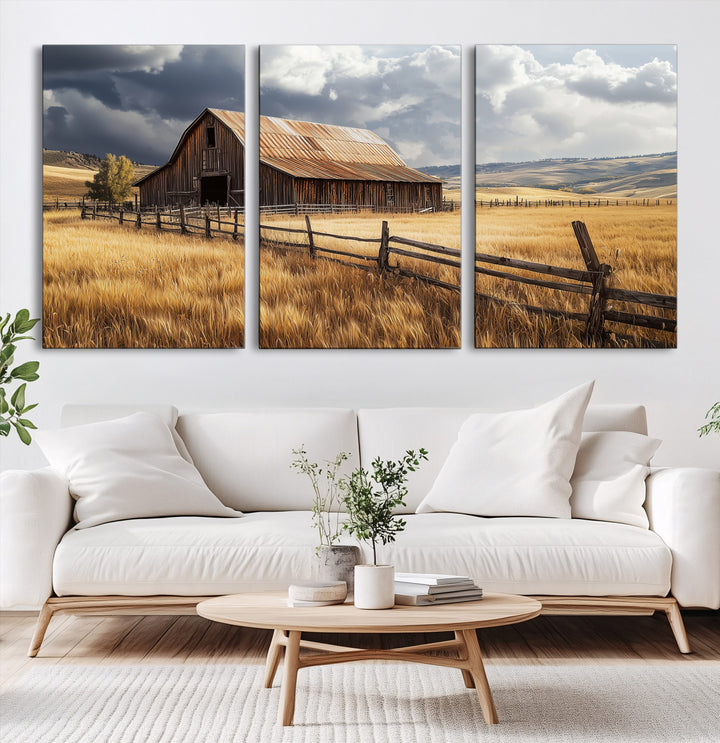 Rustic Barn Wall Art Canvas Print, Framed Moody Barn Art Picture Print, Golden Field Perfect Rustic Farmhouse Decor