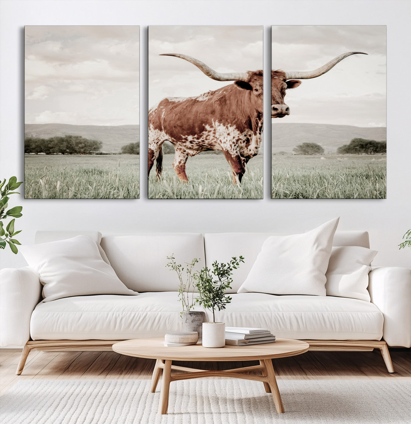28309012-MGV-CV-60X30-3P-Texas Longhorn Wall Art Canvas Print – Framed Spotted Cattle Horned Bull Western Ranch Animal Artwork for Home Office