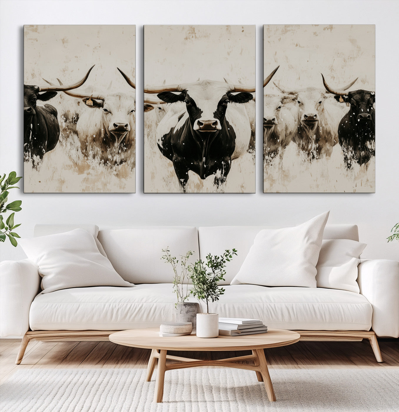 12027562-MGV-CV-60X30-3P-Longhorn Cattle Wall Art Canvas Print – Framed Bison Herd Western Ranch Countryside Animal Landscape Artwork for Home Office