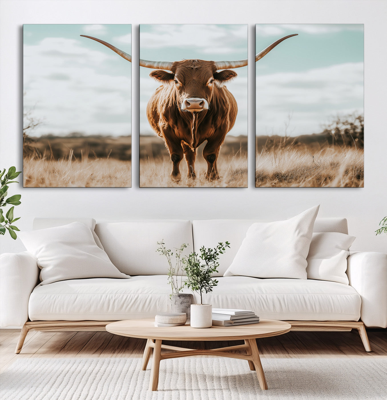 Texas Longhorn standing in a golden prairie under soft skies, ideal for rustic or western-style decor with warm natural tones.