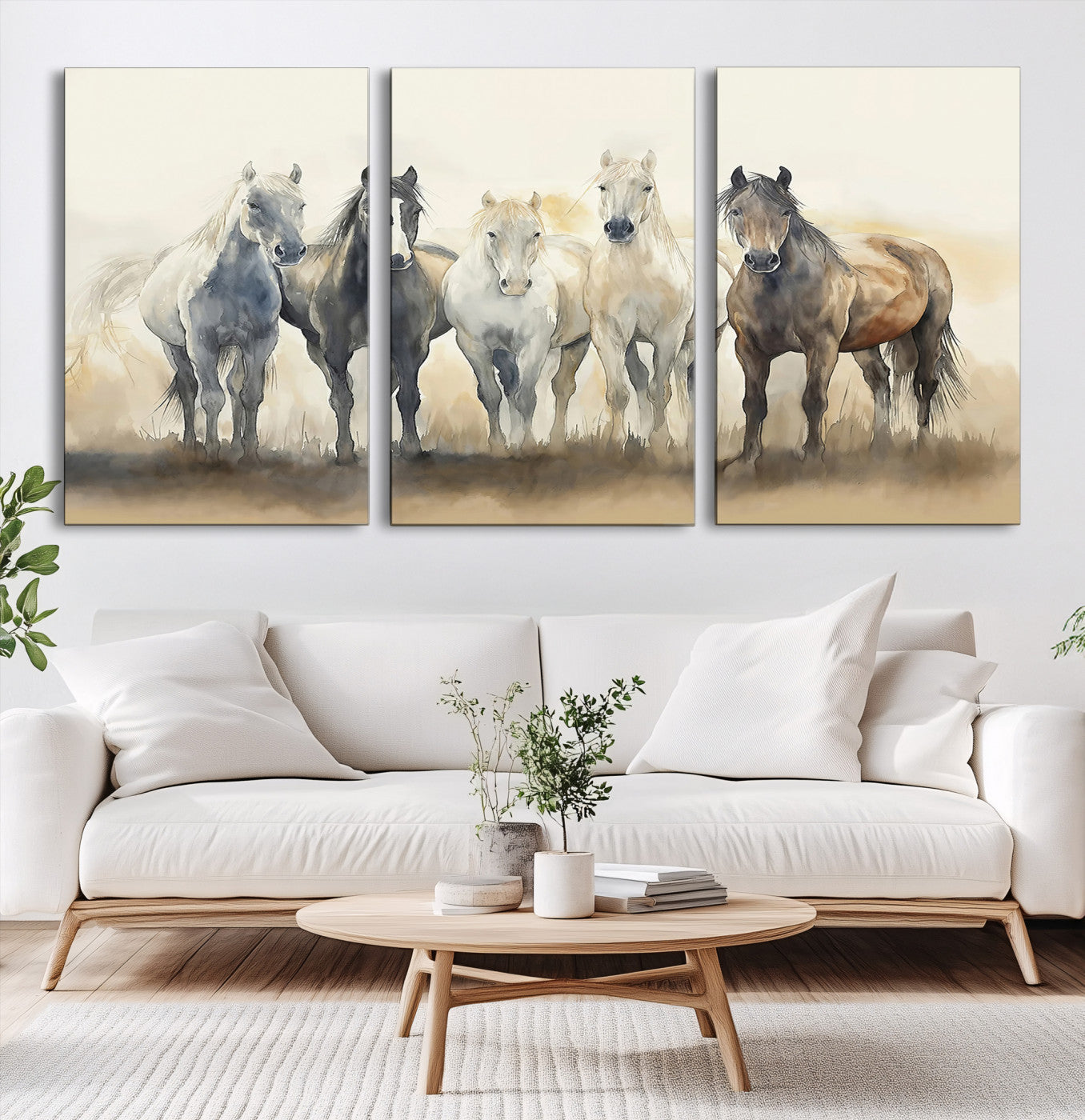 Watercolor illustration of five wild horses in soft neutral tones, perfect for rustic or western-style home decor with a calming natural vibe.
