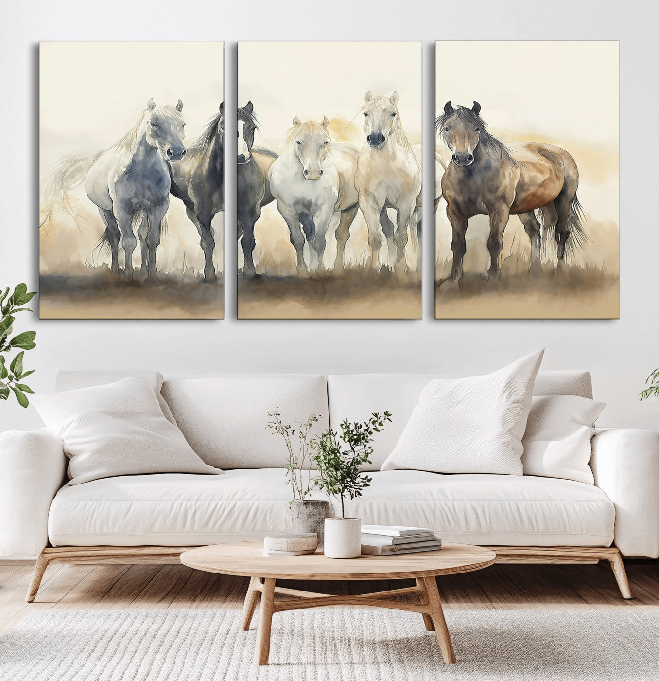 MGV-CV-60X30-3P - Wild Horses Wall Art Canvas Print, Framed Running Horses Art Picture Print, Watercolor Horses Perfect Rustic Western Decor Artwork
