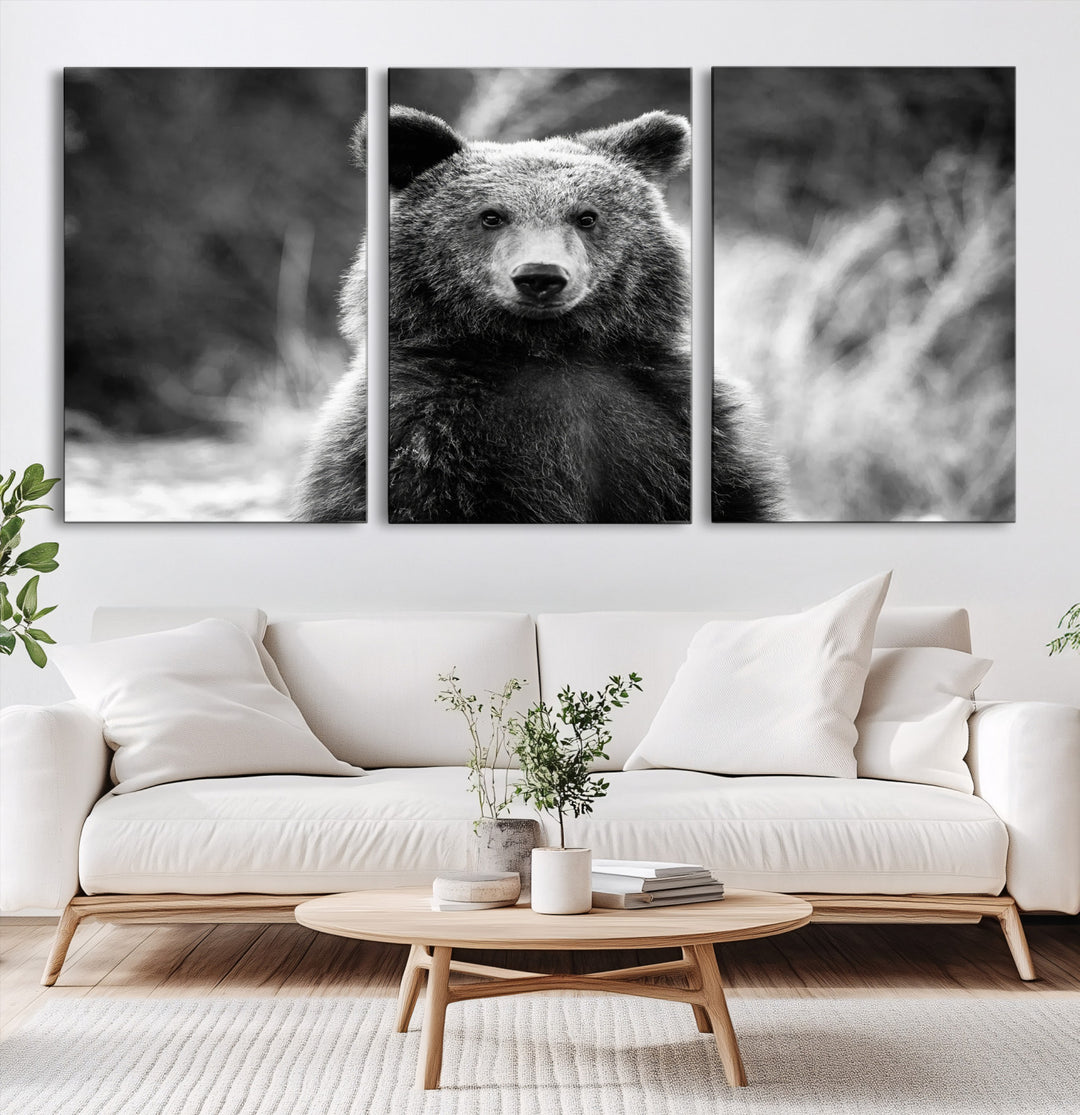 Grizzly Bear Wall Art Canvas Print, Framed Black White Bear Art Picture Print, Wild Bear Perfect Rustic Wildlife Decor