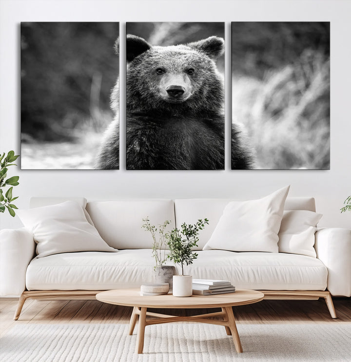 Grizzly Bear Wall Art Canvas Print, Framed Black White Bear Art Picture Print, Wild Bear Perfect Rustic Wildlife Decor