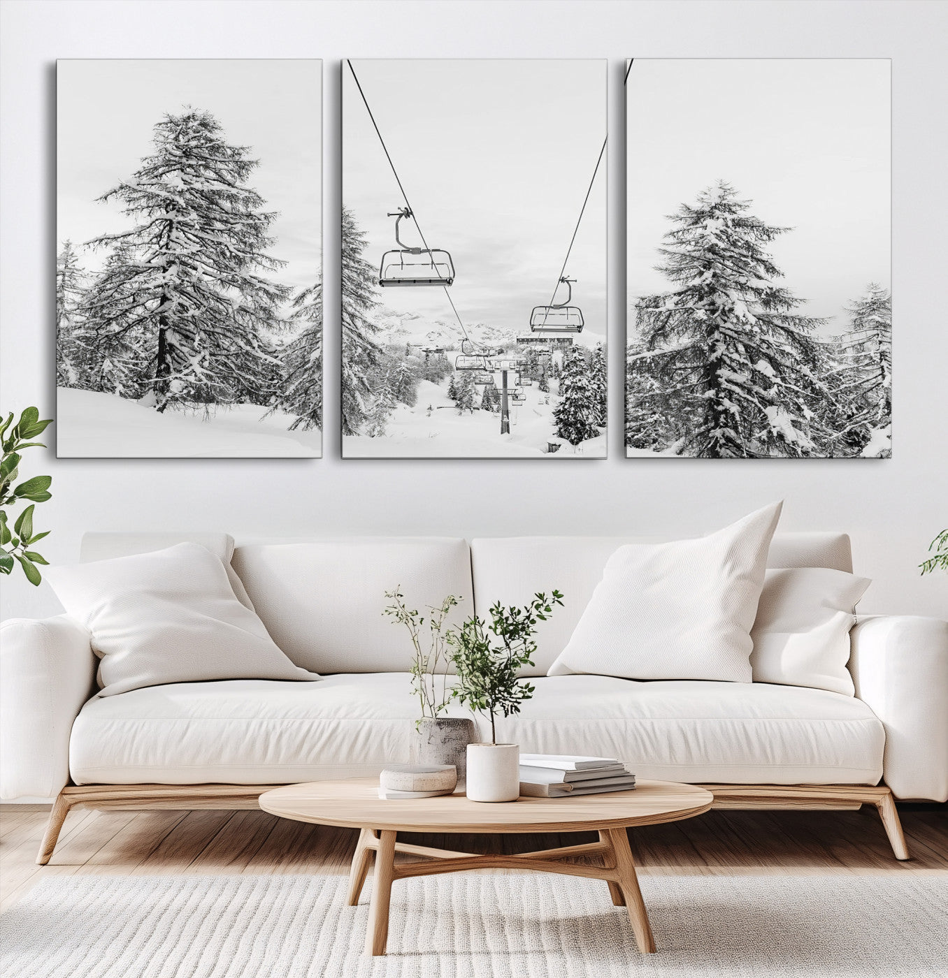 Black and white image of a ski lift amidst snow-covered pine trees, ideal for winter mountain or cabin-themed decor.