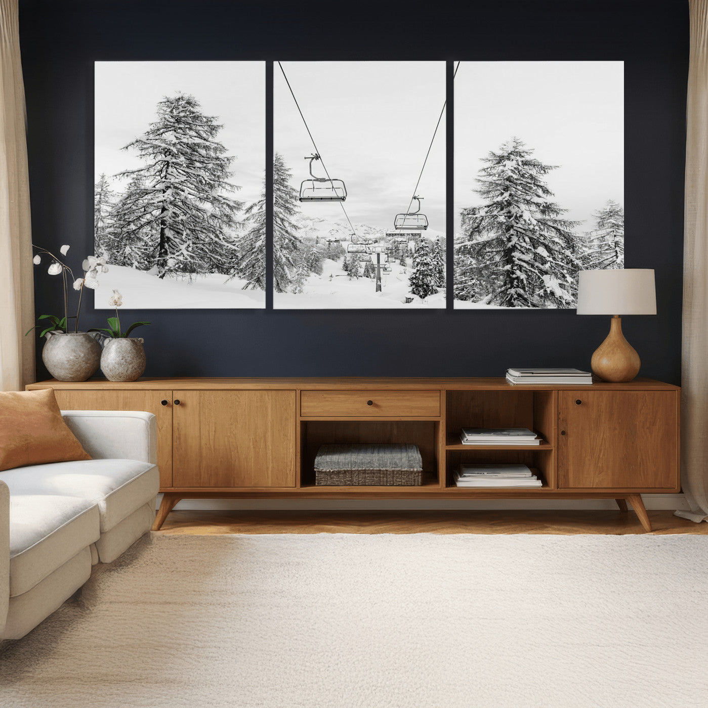 55003599-MGV-CV-36X24 - Wall Art Canvas Print Winter Chairlift Views Silent Snow-Covered Pines Mountain Calm Serenity Frozen