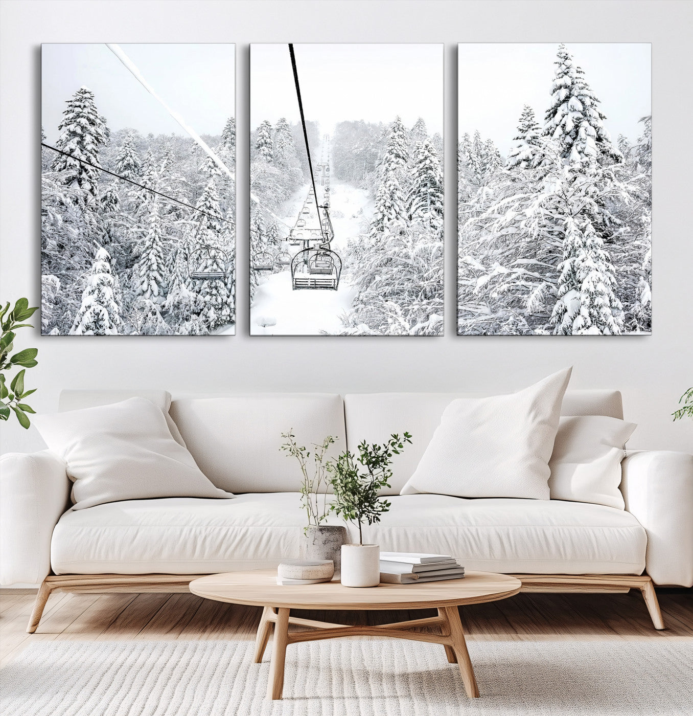 Snowy mountain landscape with a ski lift and snow-covered trees, ideal for winter-themed home decor. Perfect for modern, minimalist interiors.