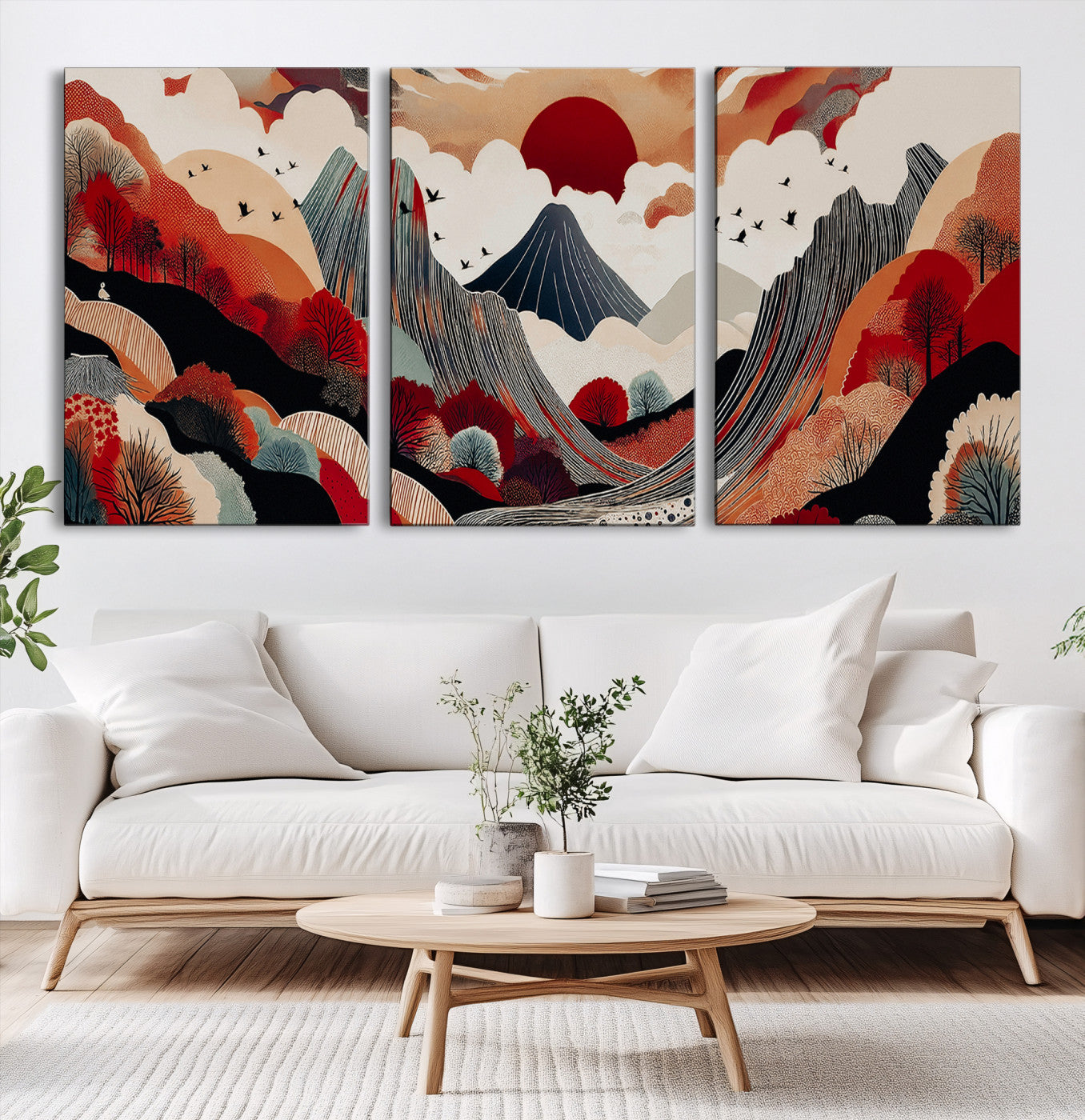 49034575-MGV-CV-60X30-3P-Abstract Mountain Wall Art Canvas Print, Framed Vibrant Landscape Art Picture Print, Stylized Nature Drawing Perfect Contemporary Minimalist