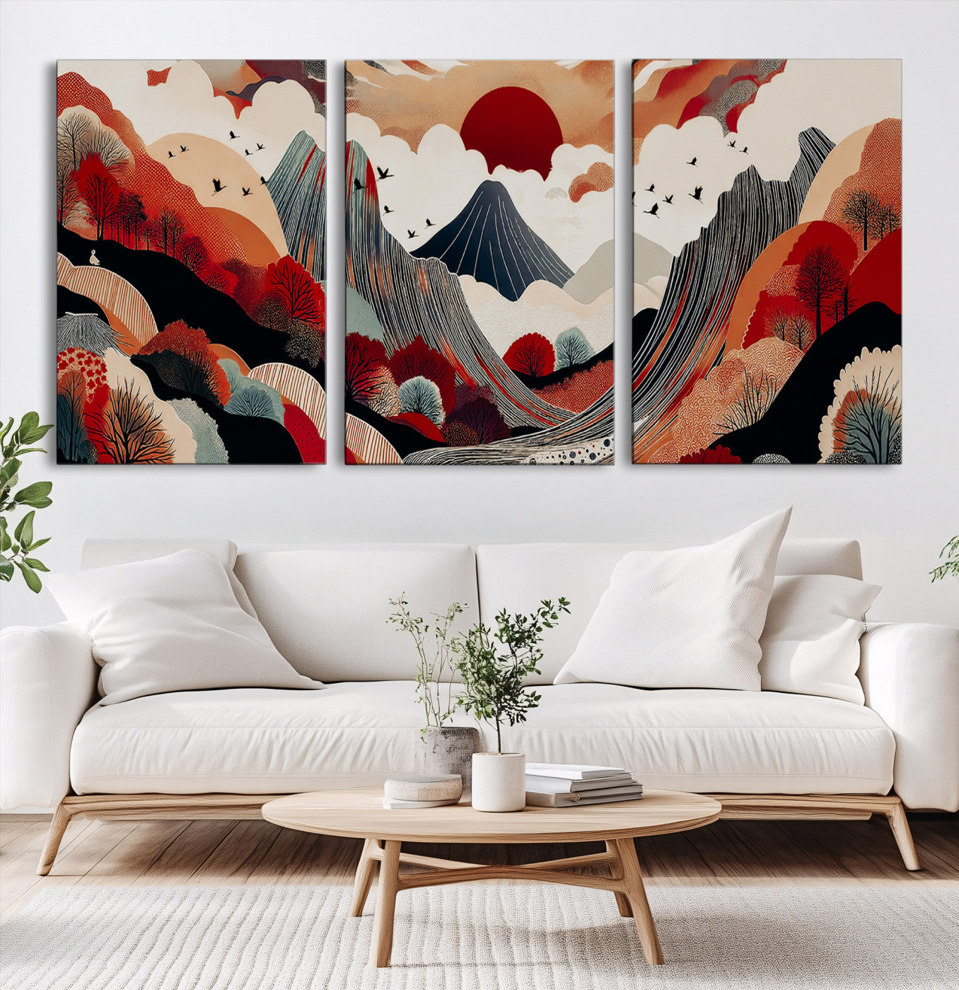 Abstract nature illustration with a red sun, mountains, and vibrant landscapes in graphic style, perfect for contemporary minimalist home decor. Ideal for modern spaces.