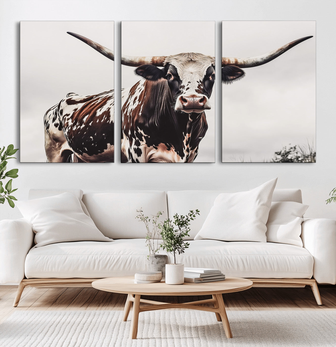 Close-up of a Texas Longhorn bull with powerful horns, perfect for rustic farmhouse or country-themed home decor. Ideal for animal lovers.