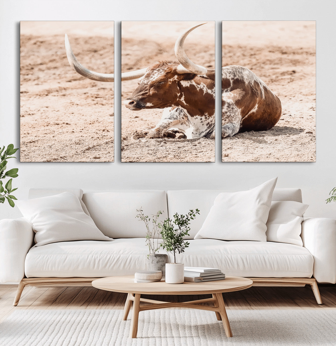 Texas Longhorn bull resting on dusty ground with warm tones, ideal for rustic western or farmhouse-themed wall decor.