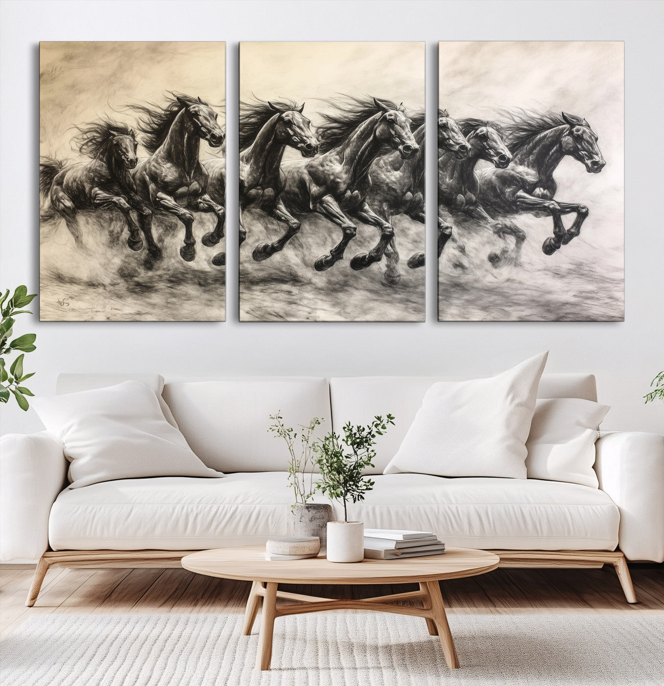 56089591-MGV-CV-60X30-3P-Galloping Horses Wall Art Canvas Print – Framed Wild Stallions Herd Sketch Dynamic Equestrian Artwork for Home Office