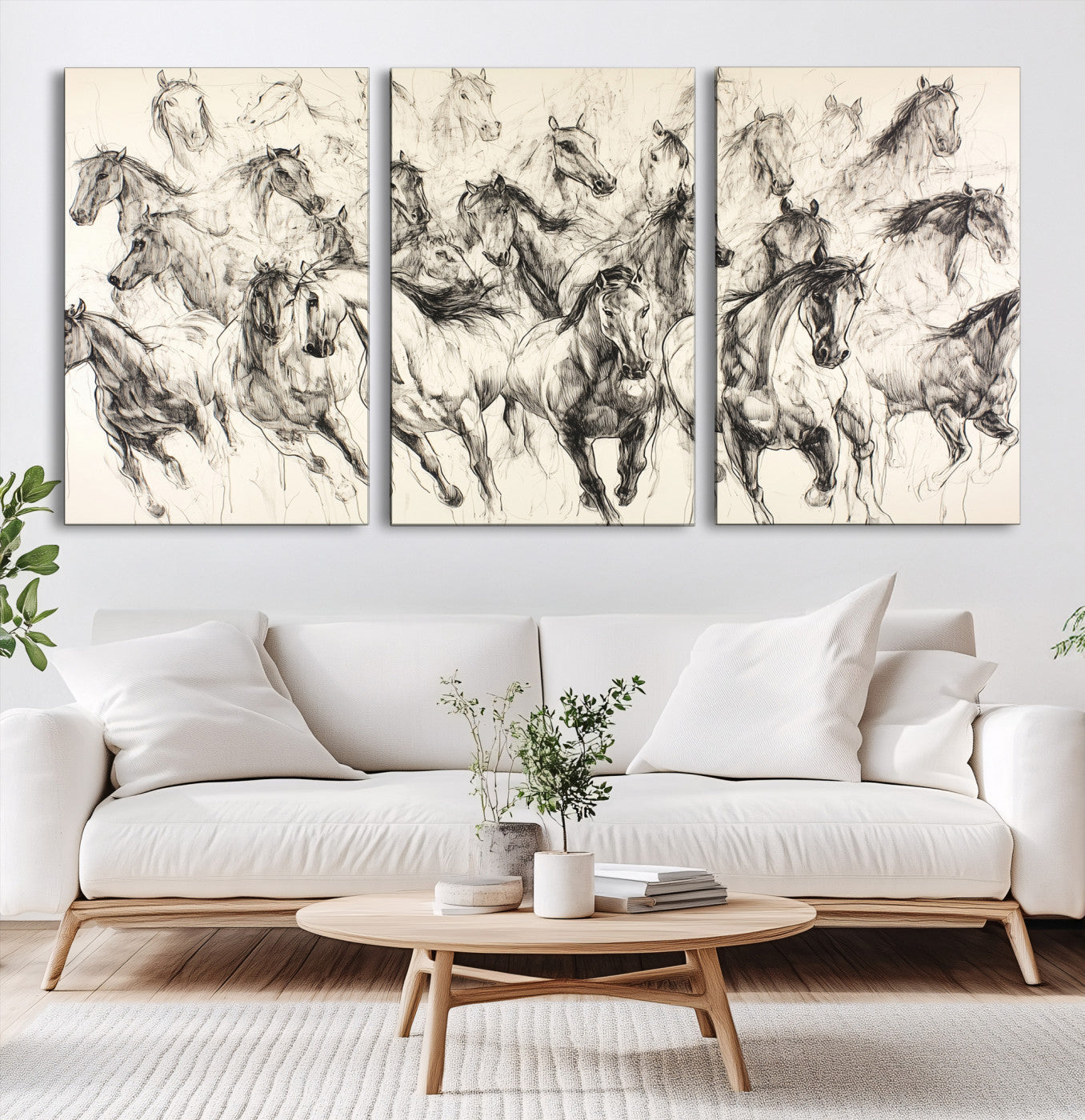 19433417-MGV-CV-60X30-3P-Running Horses Wall Art Canvas Print – Framed Galloping Herd Dynamic Equestrian Sketch Nature Artwork for Home Office
