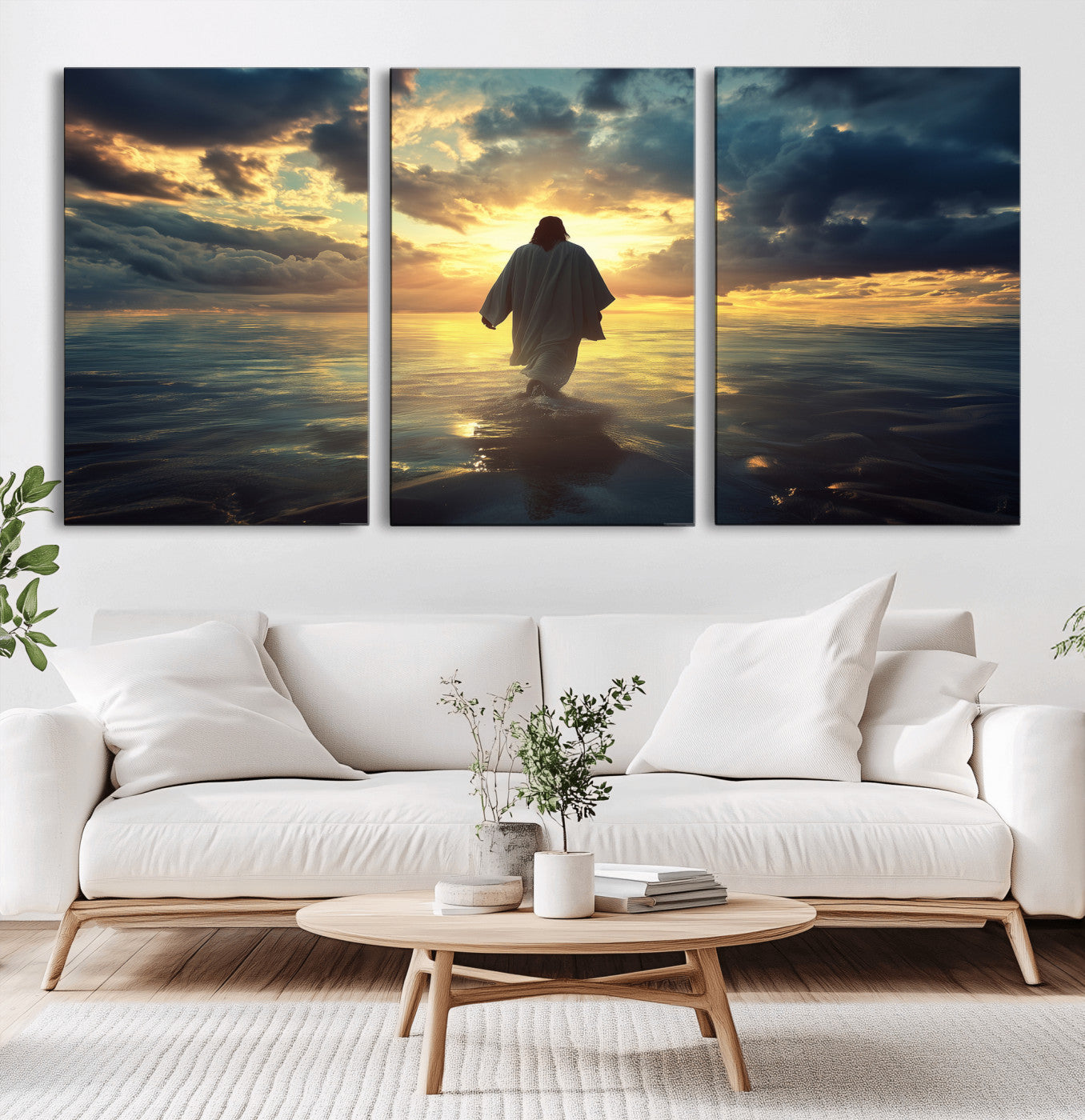 MGV-CV-60X30-3P - Jesus Walks Wall Art Canvas Print, Framed Divine Sunset Art Picture Print, Spiritual Light Perfect Spiritual Tranquil Decor Artwork