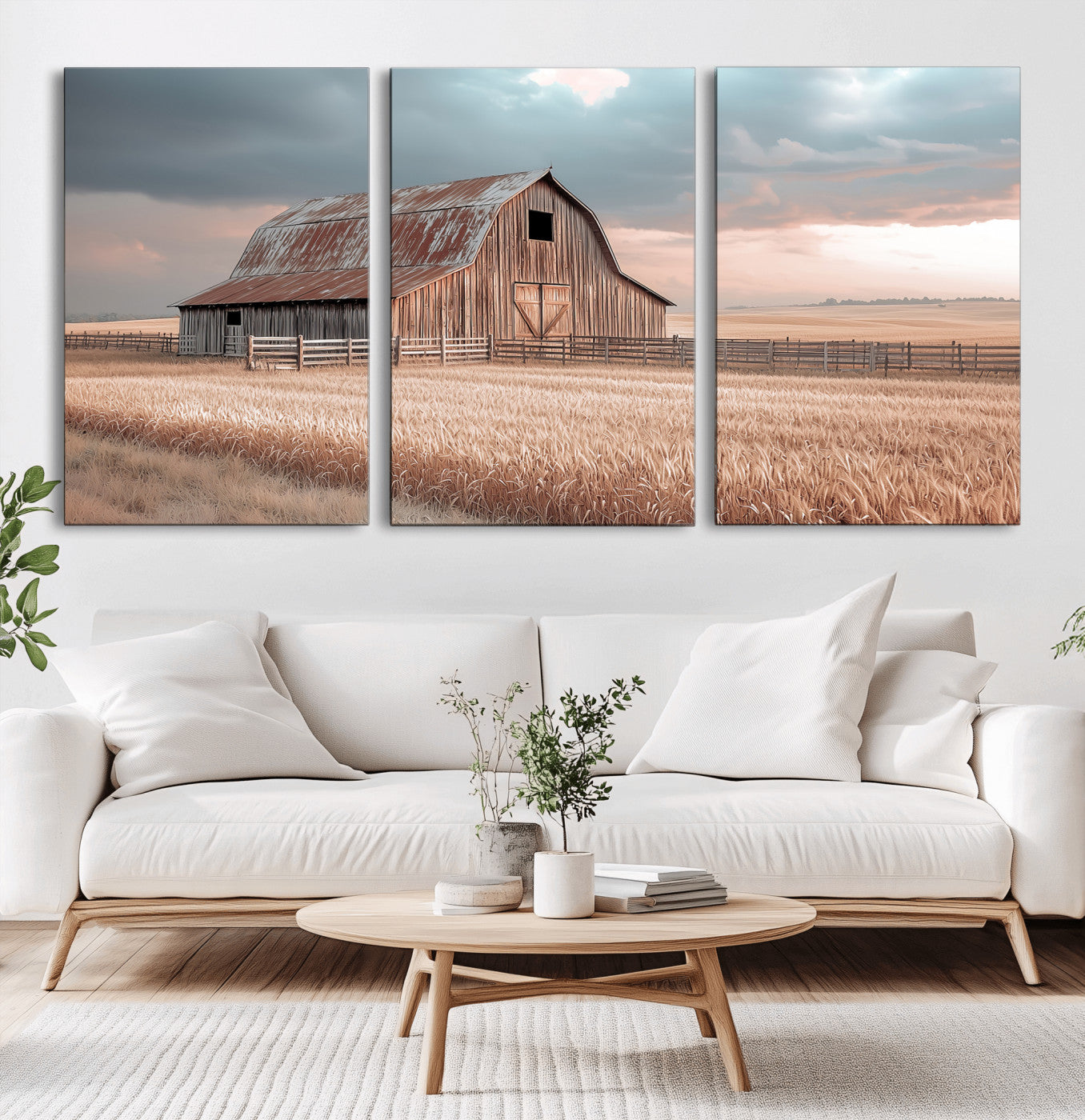 MGV-CV-60X30-3P - Rustic Barn Wall Art Canvas Print, Framed Wheat Field Art Picture Print, Sunset Barn Perfect Vintage Farmhouse Decor Artwork