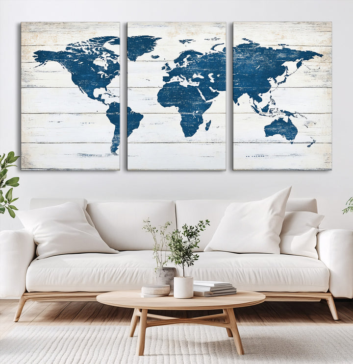 World Map Wall Art Canvas Print, Framed Rustic Atlas Art Picture Print, Wooden Map Perfect Vintage Decor Artwork