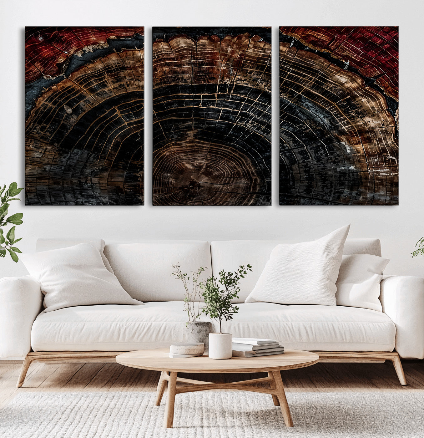 MGV-CV-60X30-3P - Dark Wood Ring Wall Art Canvas Print, Framed Abstract Wood Tree Art Picture Print, Rustic Tree Slice Perfect Rustic Decor Artwork