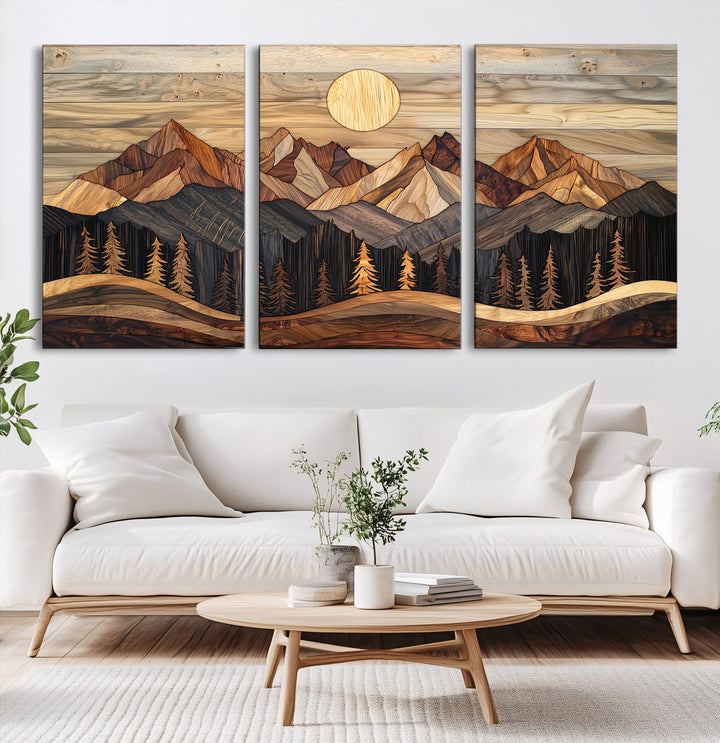 50100230-MGV-CV-60X30-3P-Wood Mountain Wall Art Canvas Print, Framed Boho Wood Art Print, Abstract Woodland Farmhouse Decor