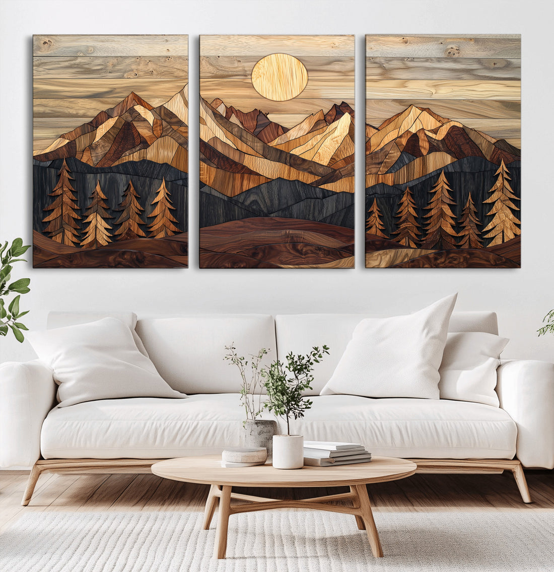 Wood Mountain Landscape Wall Art Canvas Print, Framed Sunset Hills Print, Abstract Nature Boho Decor