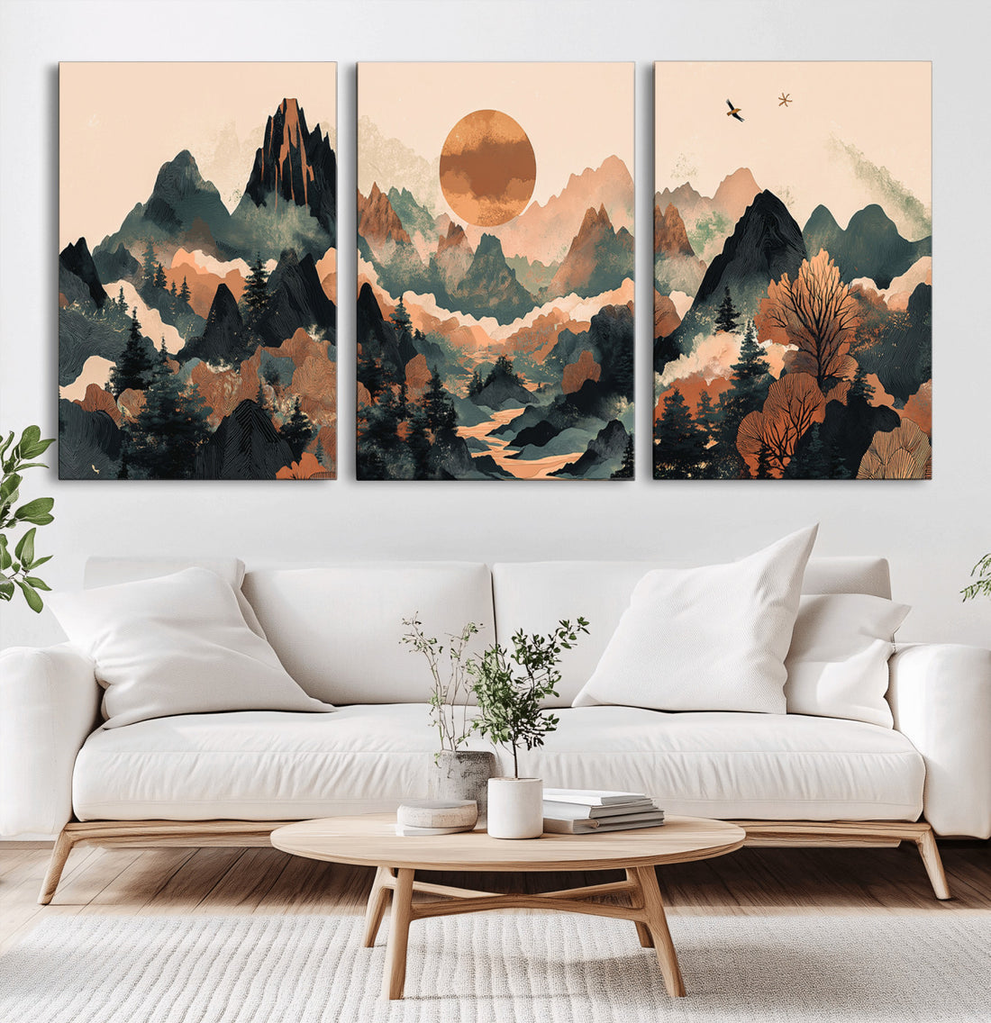 Wood Mountain Landscape Wall Art Canvas Print, Framed Sunset Hills, Abstract Serene Valley Boho Art