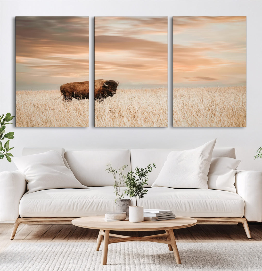 Bison Wall Art Canvas Print, Buffalo Print, Framed Western Prairie Art Print, Large Rustic Wildlife Printing Perfect for Rustic Decor