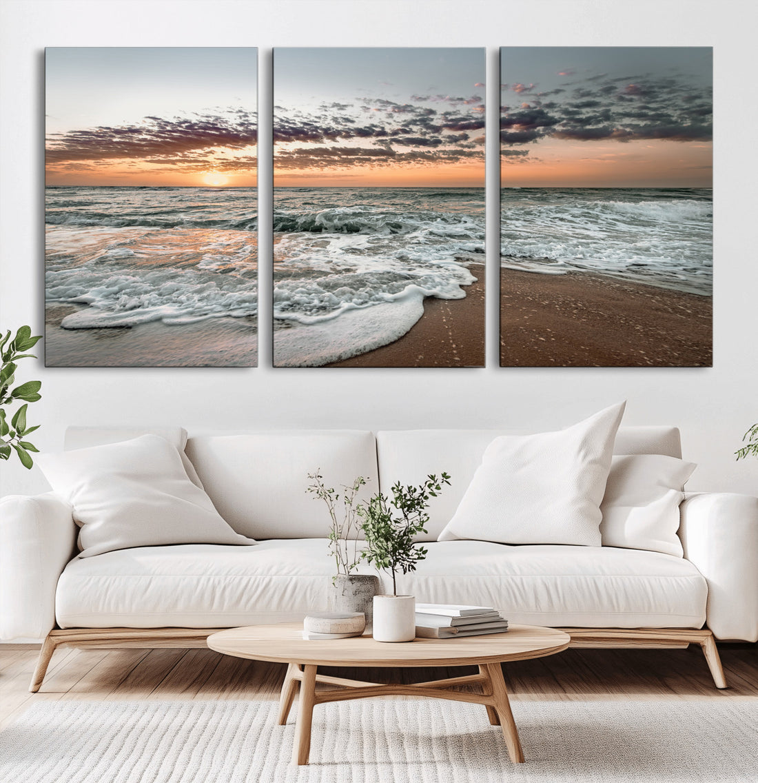 Ocean Sunset Wall Art Canvas Print, Framed Beach Waves Print, Coastal Seascape Decor