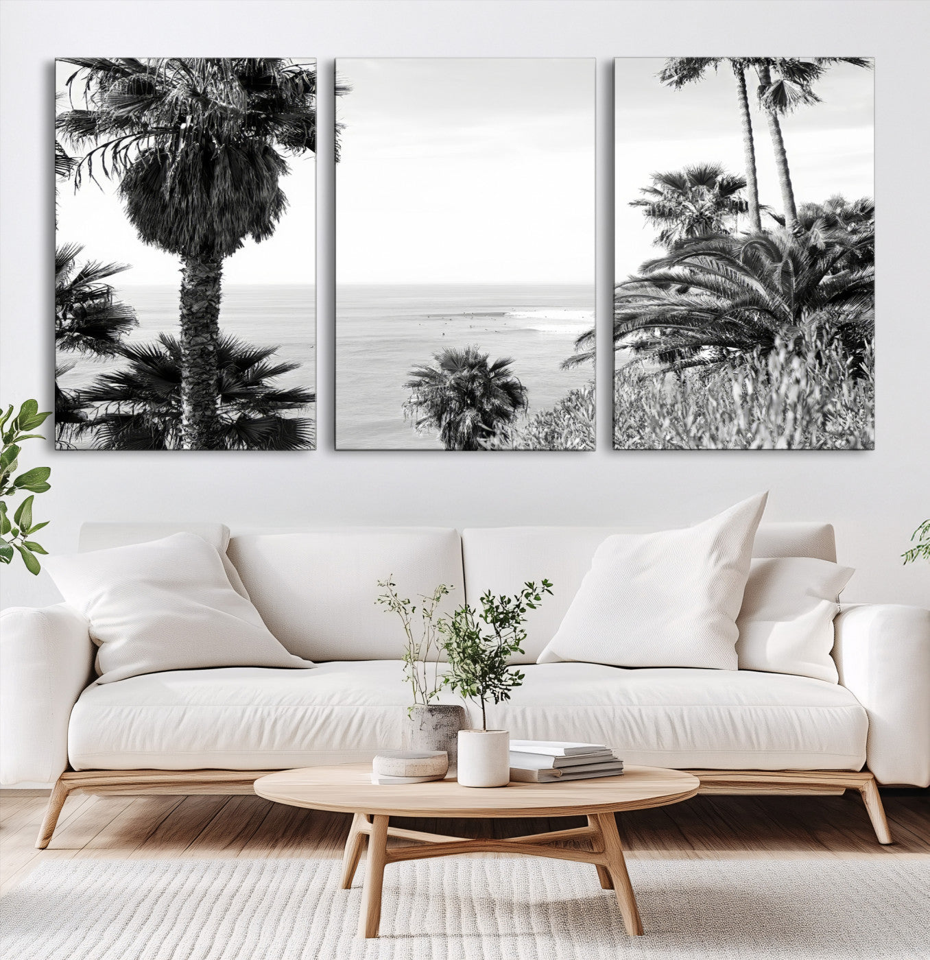 89458520-MGV-CV-60X30-3P-Palm Trees Wall Art Canvas Print – Framed Coastal Ocean Horizon Monochrome Tropical Landscape Artwork for Home Office