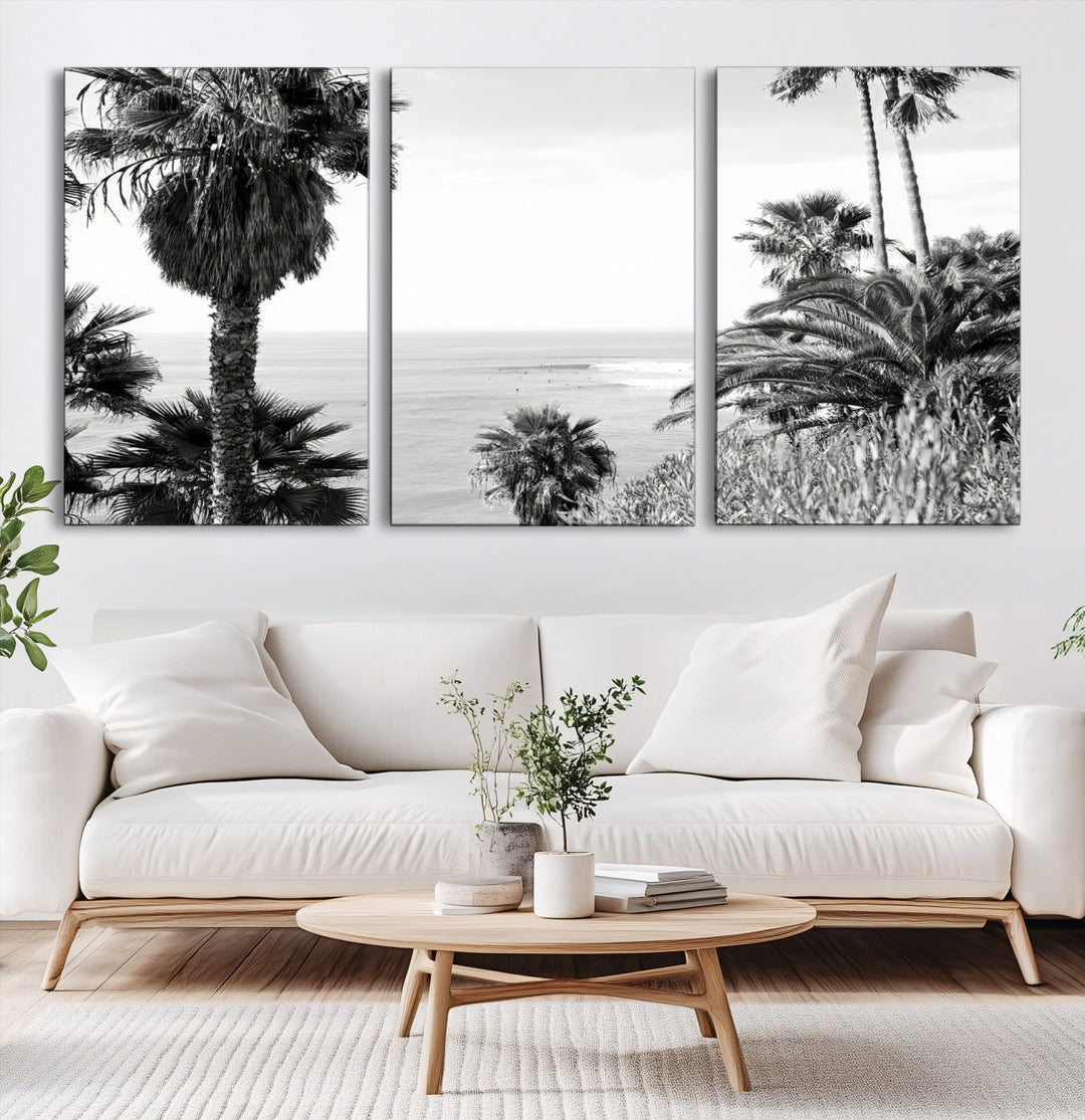 Palm Trees Wall Art Canvas Print, Framed Coastal Art Picture Print, Ocean Horizon Perfect Monochrome Coast Decor