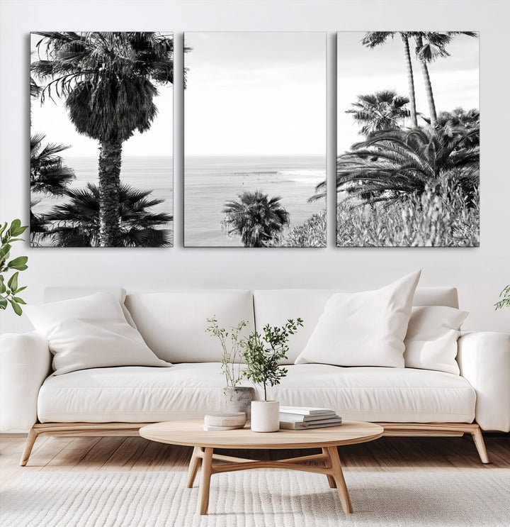 Palm Trees Wall Art Canvas Print, Framed Coastal Art Picture Print, Ocean Horizon Perfect Monochrome Coast Decor