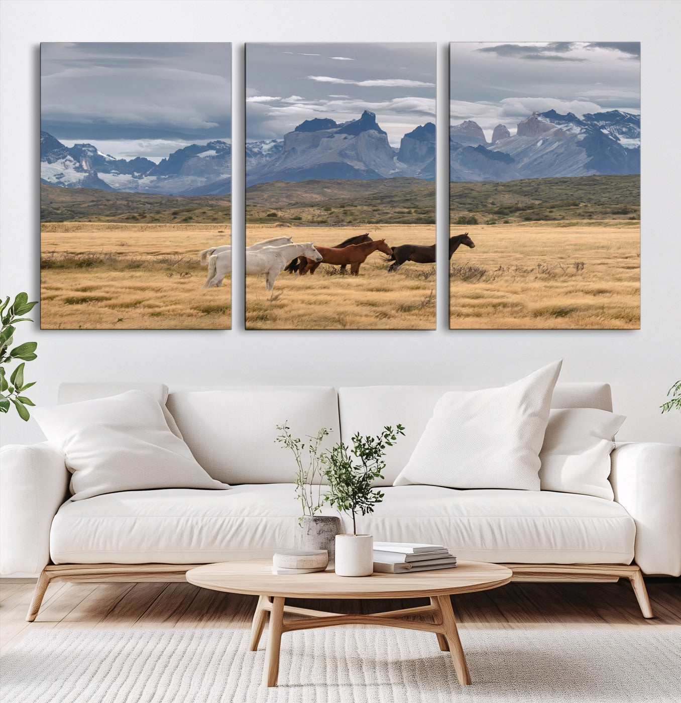 69960232-MGV-CV-60X30-3P-Horses Grazing Wall Art Canvas Print – Framed Mountain Field Scenic Landscape Cloudy Sky Nature Artwork for Home Office