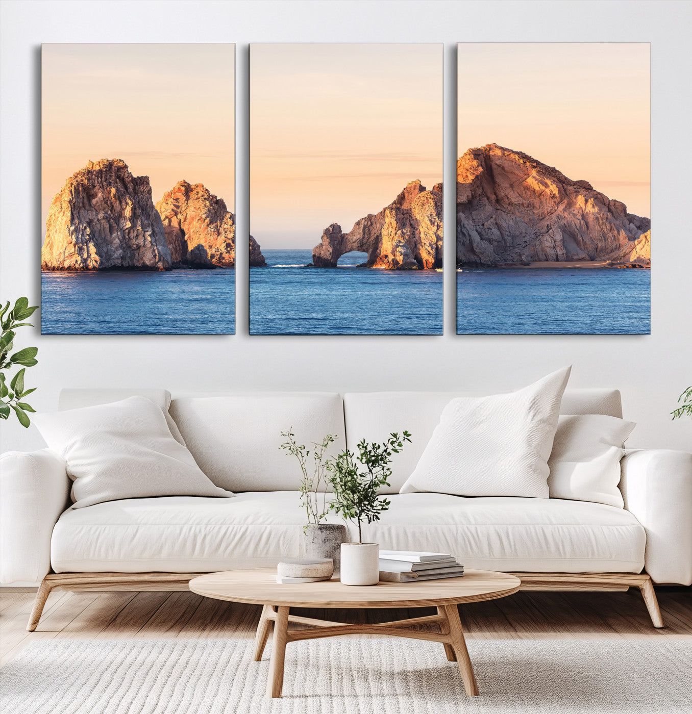 72996116-MGV-CV-60X30-3P-El Arco Wall Art Canvas Print, Framed Cabo Rocks Art Picture Print, Ocean Arch Perfect Golden Coastal Landmark Decor, The Arch Canvas Print