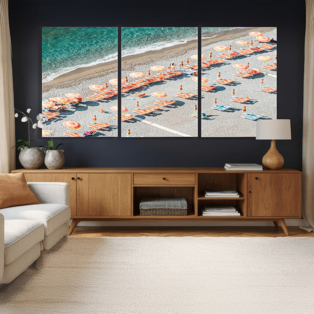 Minimalist Beach Wall Art | Orange Loungers & Turquoise Water Canvas Print