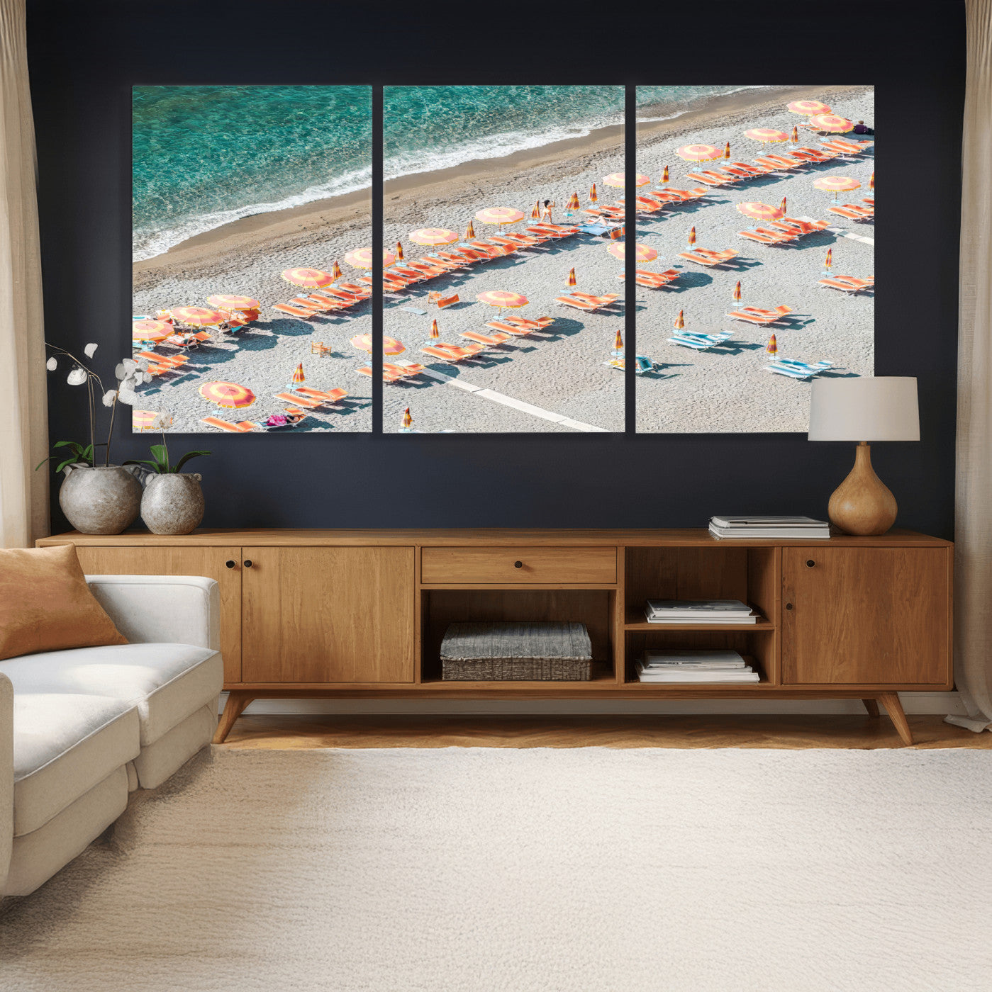 27805351-MGV-CV-36X24 - Beach Umbrellas Wall Art – Orange Loungers & Turquoise Water Canvas Print, Sandy Shore and Summer Vibes